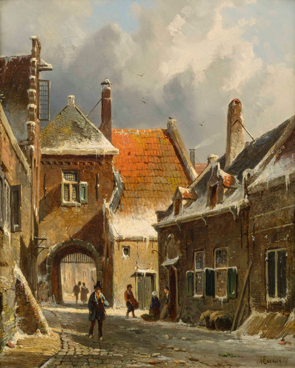 A Winter Street Scene, 1800-talet av Adrianus Eversen