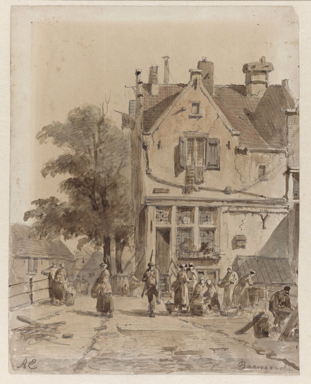 Utsikt över en bro över Baangracht i Amsterdam, med matförsäljare Baangracht (titel på objekt) av Adrianus Eversen
