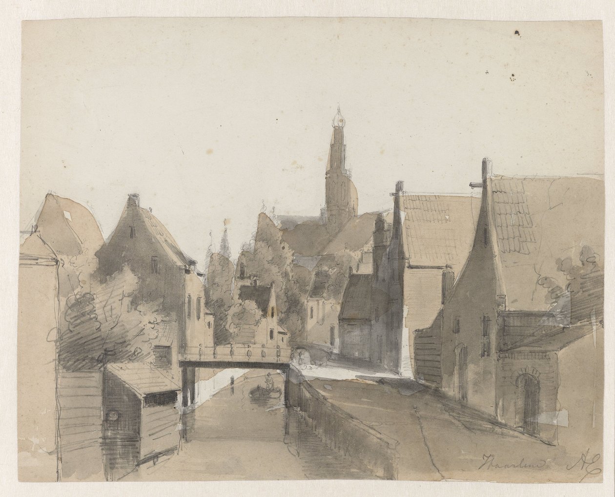 Vy över en kanal i Haarlem, i bakgrunden St. Bavo Haarlem (titel på objekt) av Adrianus Eversen