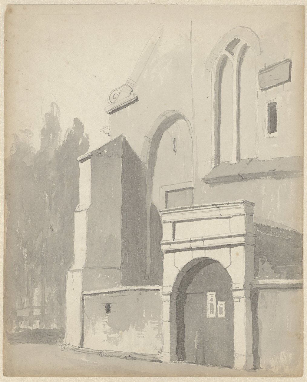Vy över en ingångsport till en kyrka av Adrianus Eversen