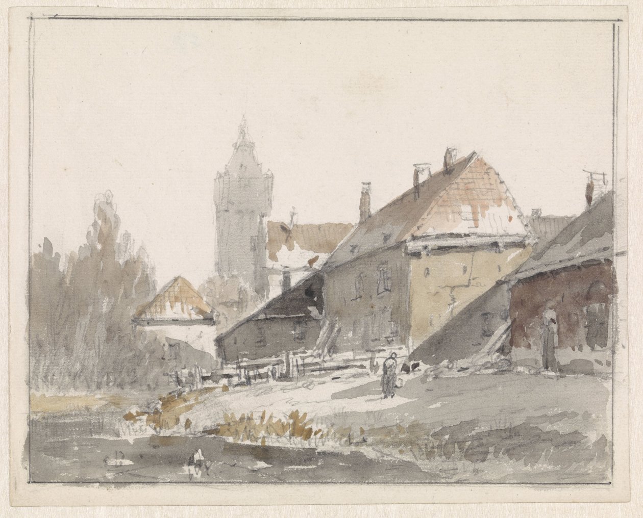 Utsikt över hus i utkanten av en stad av Adrianus Eversen