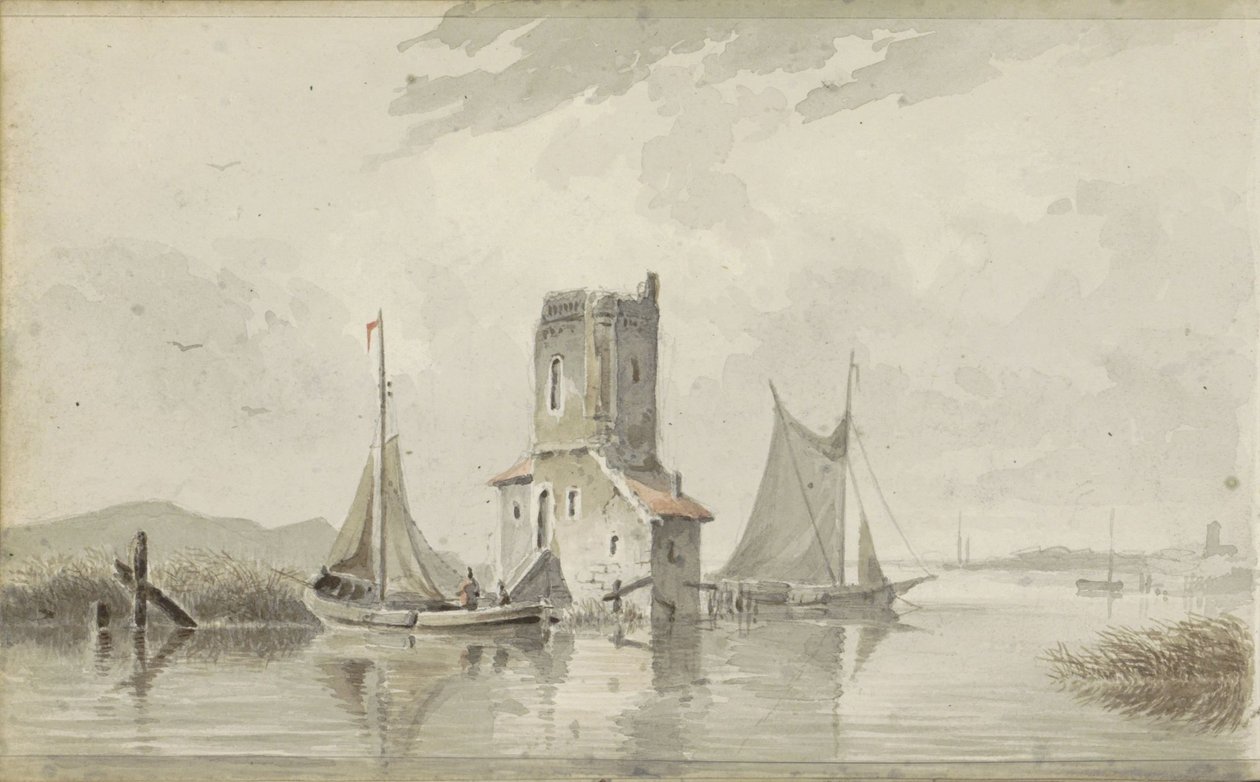 Flodlandskap med ett torn av Adrianus Eversen