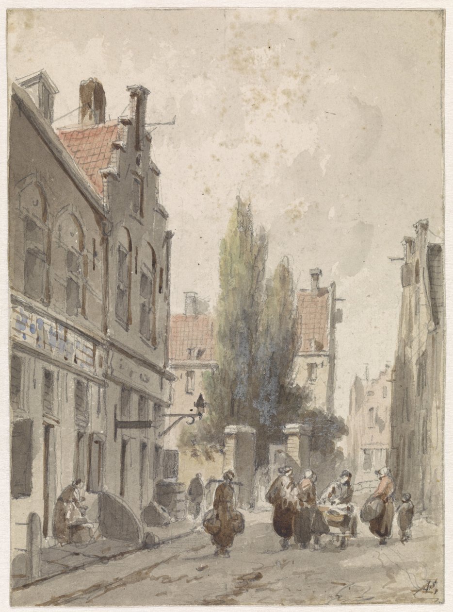 Stadsbild med en handlare av Adrianus Eversen