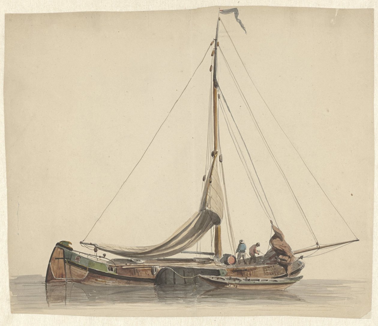 Två män som arbetar på en platt botten med sänkta segel av Adrianus Eversen