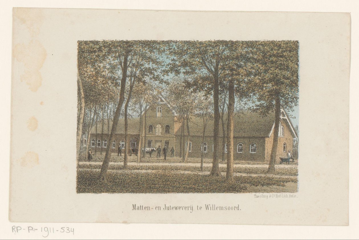 Vy över matt- och juteväveriet i Willemsoord Matt och Jute väveri i Willemsoord (titel på objekt) av Adrianus Hidde Heremiet Voorhorst (possibly)