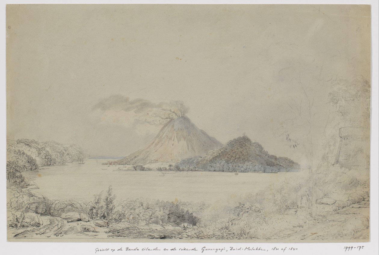 Utsikt från Lontar på Banda Neira och rökning Gunungapi, Banda Islands, Central Maluku av Adrianus Johannes Bik