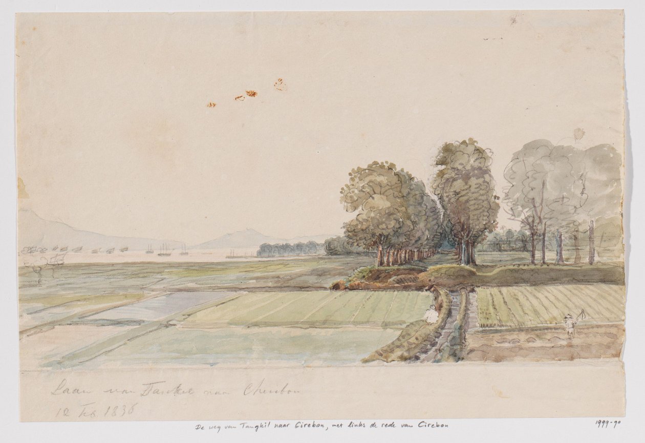 Landskap med väg från Tangkil till Cirebon och utsikt över väggården (ankaret) i Cirebon, västra Java av Adrianus Johannes Bik