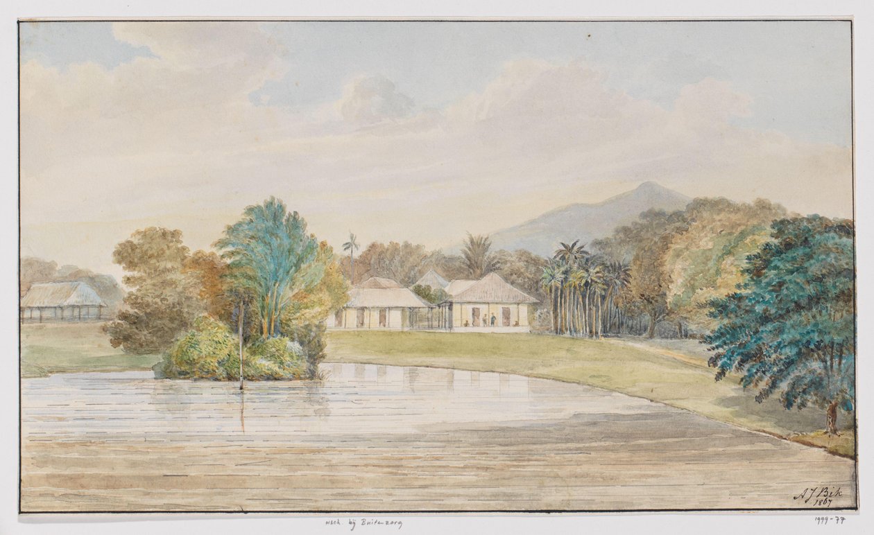 Landskap med hus och damm, västra Java av Adrianus Johannes Bik