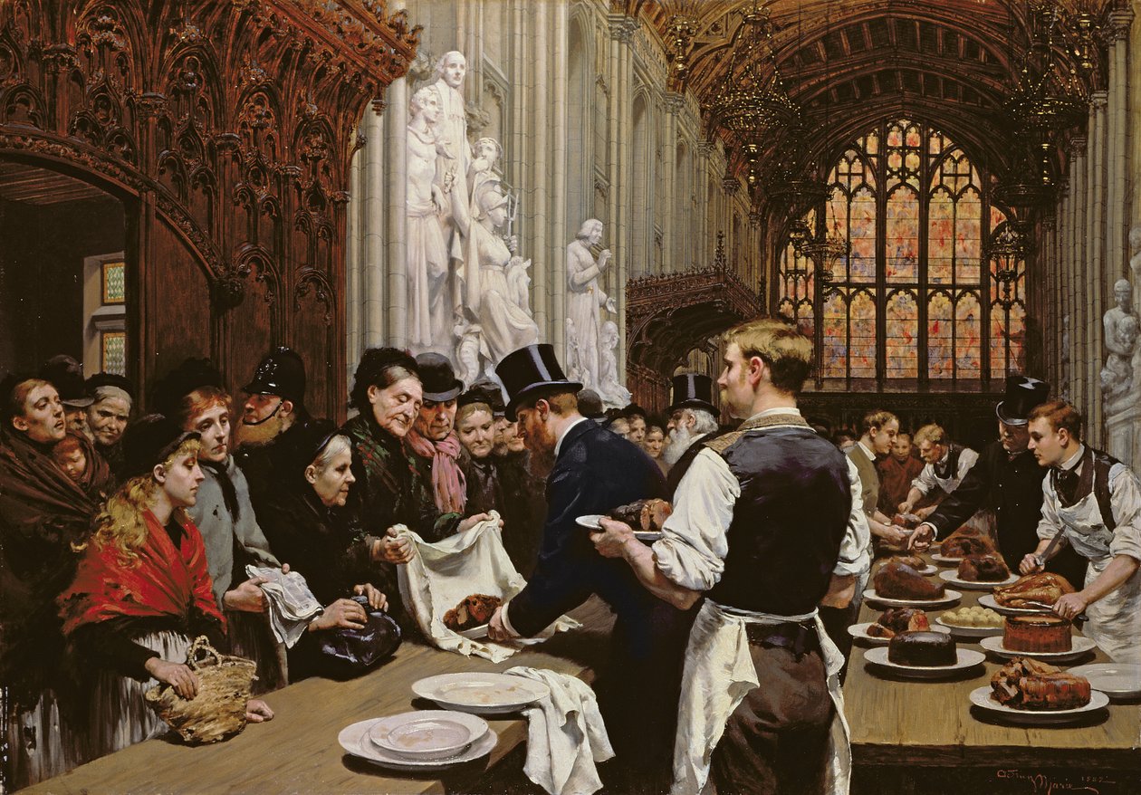 Dela ut rester till de fattiga efter överborgmästarens bankett i Guildhall, 1882 av Adrien Emmanuel Marie