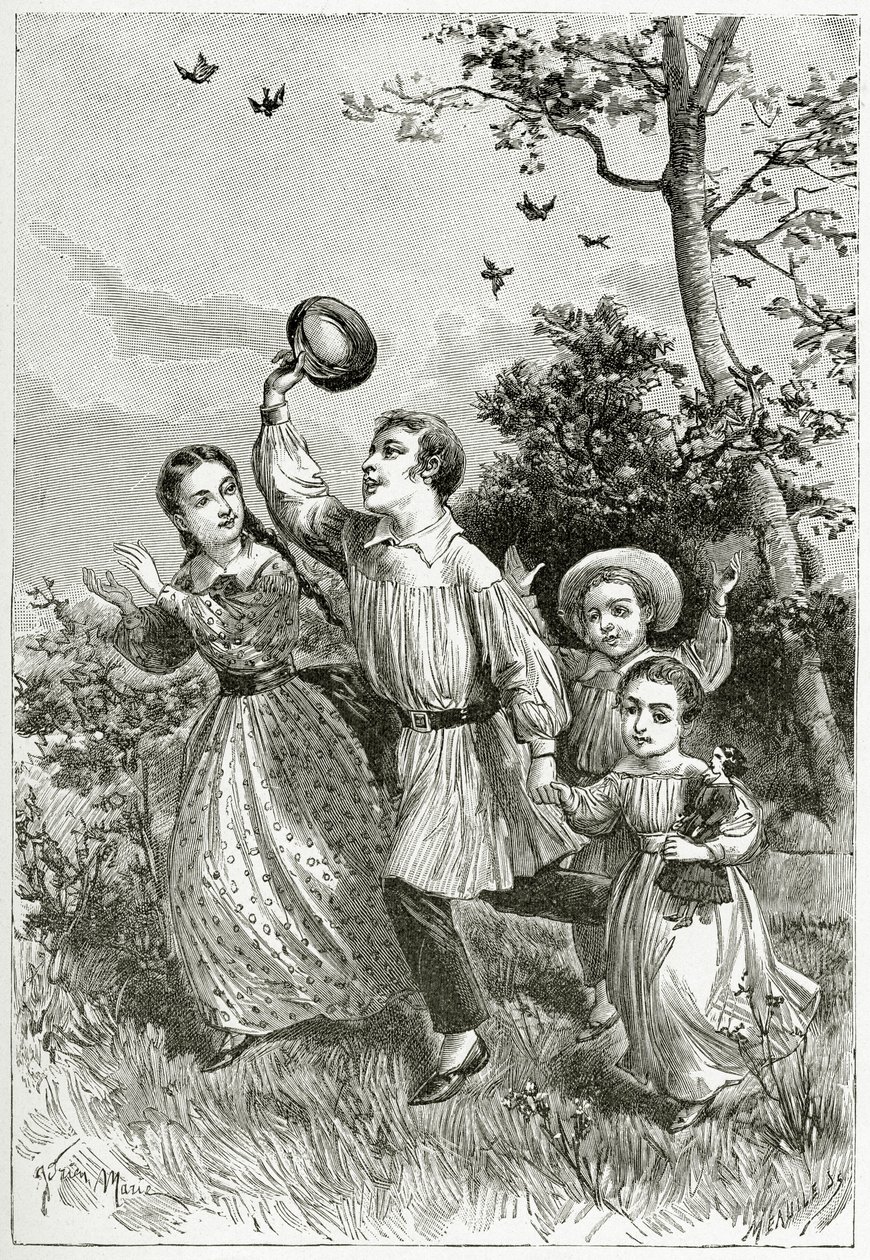 Familjen, 1800-talet (bw gravyr) av Adrien Emmanuel Marie