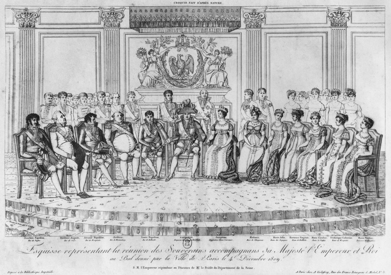 Skiss som föreställer Napoleon I och suveränerna vid balen som hölls av staden Paris den 4 december 1809 av Adrien Pierre Francois Godefroy
