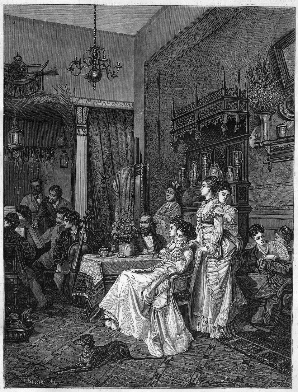 Amatörkonsert i en artists studio. Gravyr efter målningen av Adrien Moreau (1843-1906) i "The Illustrous Universe"" av Adrien (after) Moreau