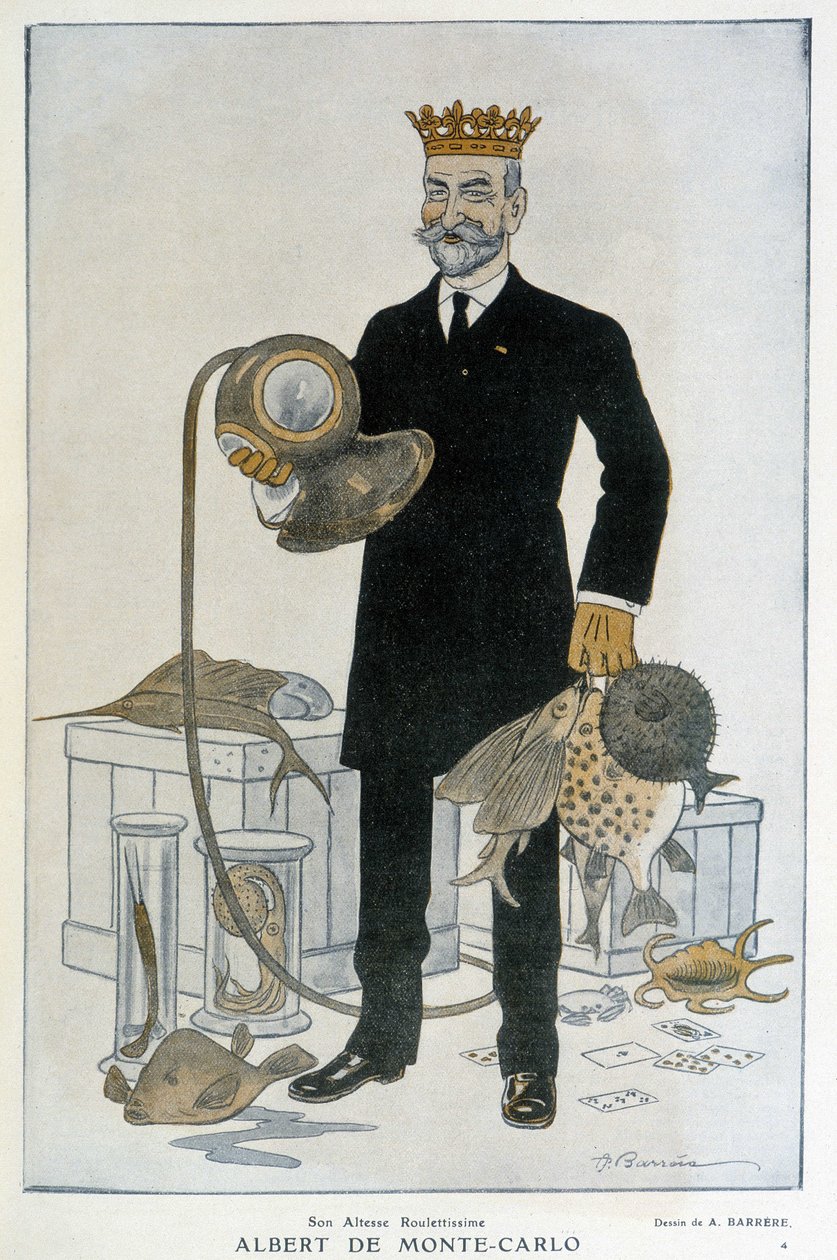 Albert 1er de Monaco (1848-1922), grundare av Oceanographic Museum of Monte Carlo - Illustration av Adrien Barrere (1877-1931) In Fantasio den 15/04/1914 av Adrien Barrere