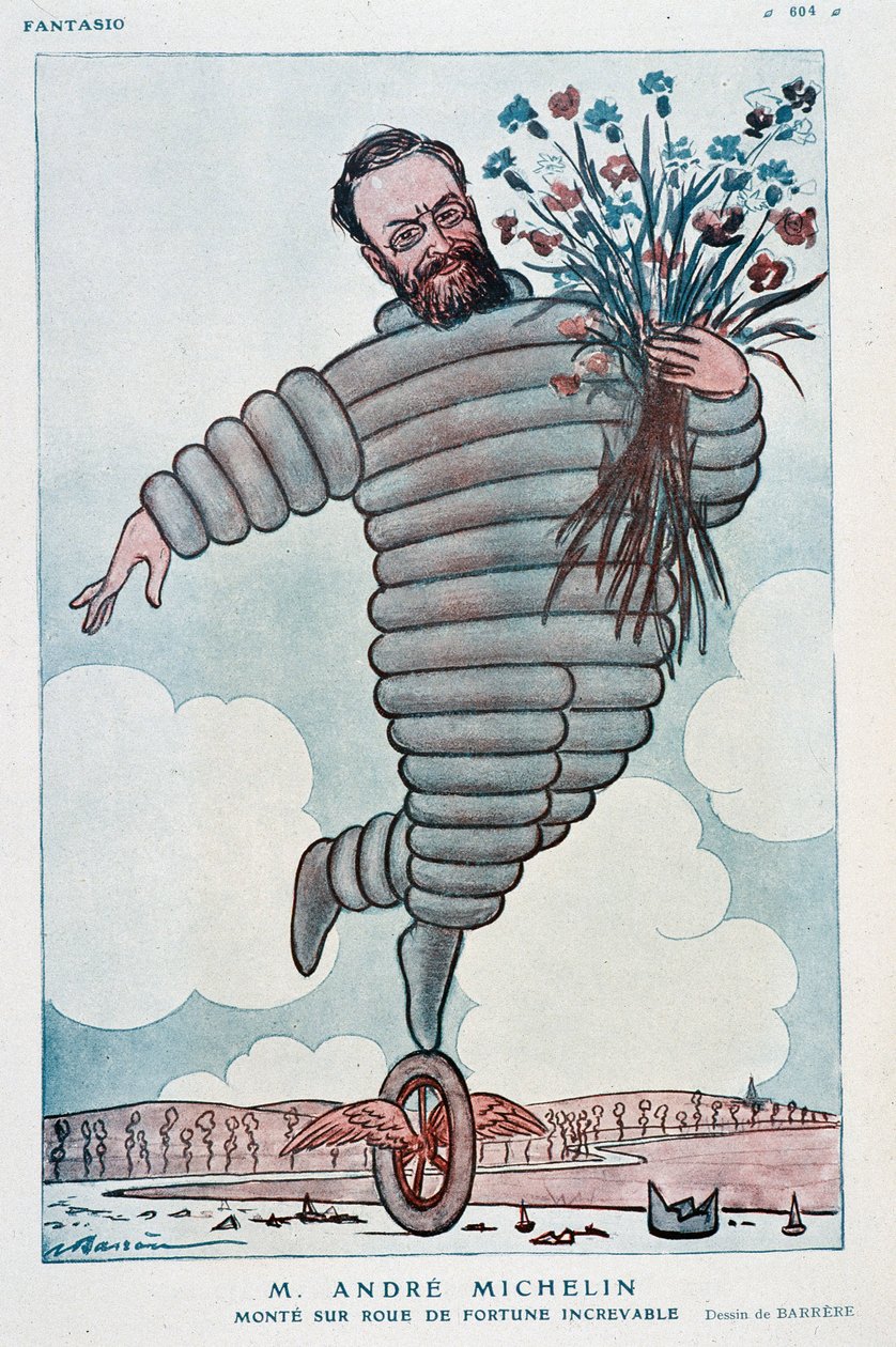 Tecknad av Andre Michelin och Bibendum - Illustration av Adrien Barrere (1877-1931) i "Fantasio" från 1923-07-01 av Adrien Barrere