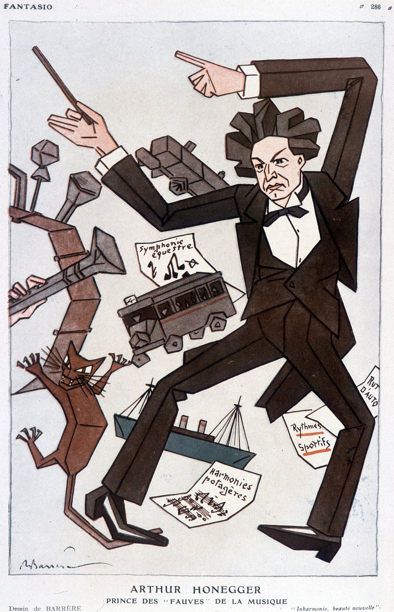 Tecknad av Arthur Honegger "Prince of the Fauves of Music", schweizisk kompositör (1892-1955) - av Barrère, i "" Fantasio""" från 1930-01-01 av Adrien Barrere