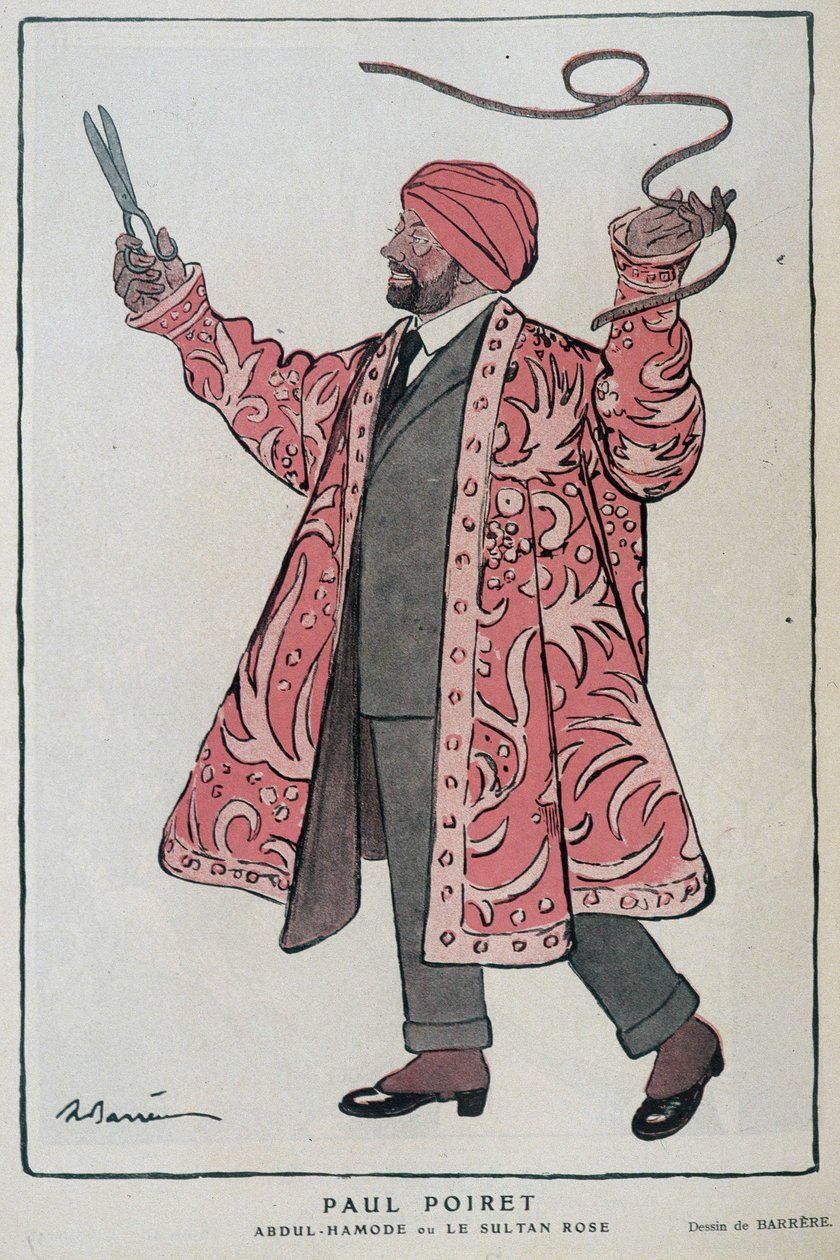 Tecknad av Paul Poiret, fransk designer och designer (1879-1944) i "Abdul-Hamode or Le Sultan Rose"" - Illustration av Adrien Barrere (1877-1931) I Fantasio, 1919-12-01 av Adrien Barrere