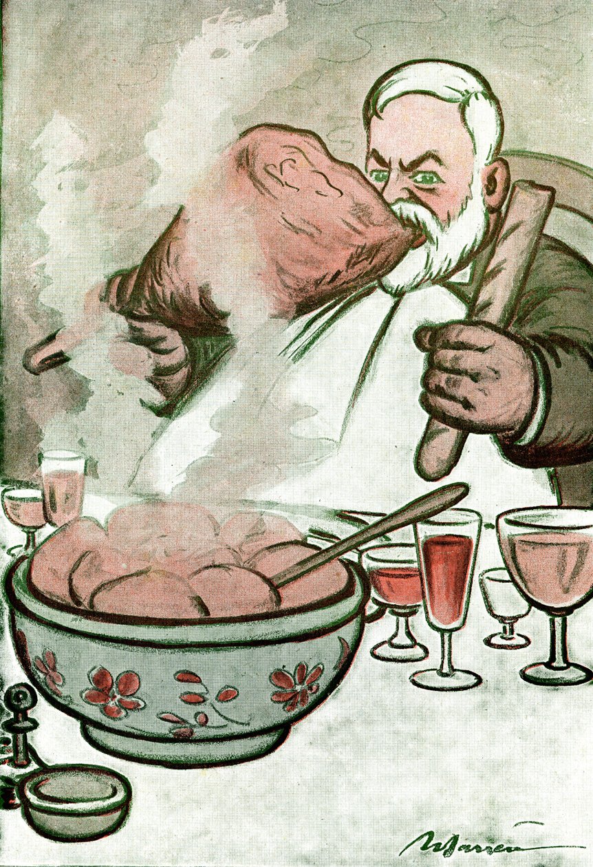 Tecknad film föreställande Camille Cerf (1862-1936) belgisk journalist och sekreterare för Georges Clemenceau - Teckning av Adrien Barrere (1877-1931) från Fantasio av Adrien Barrere