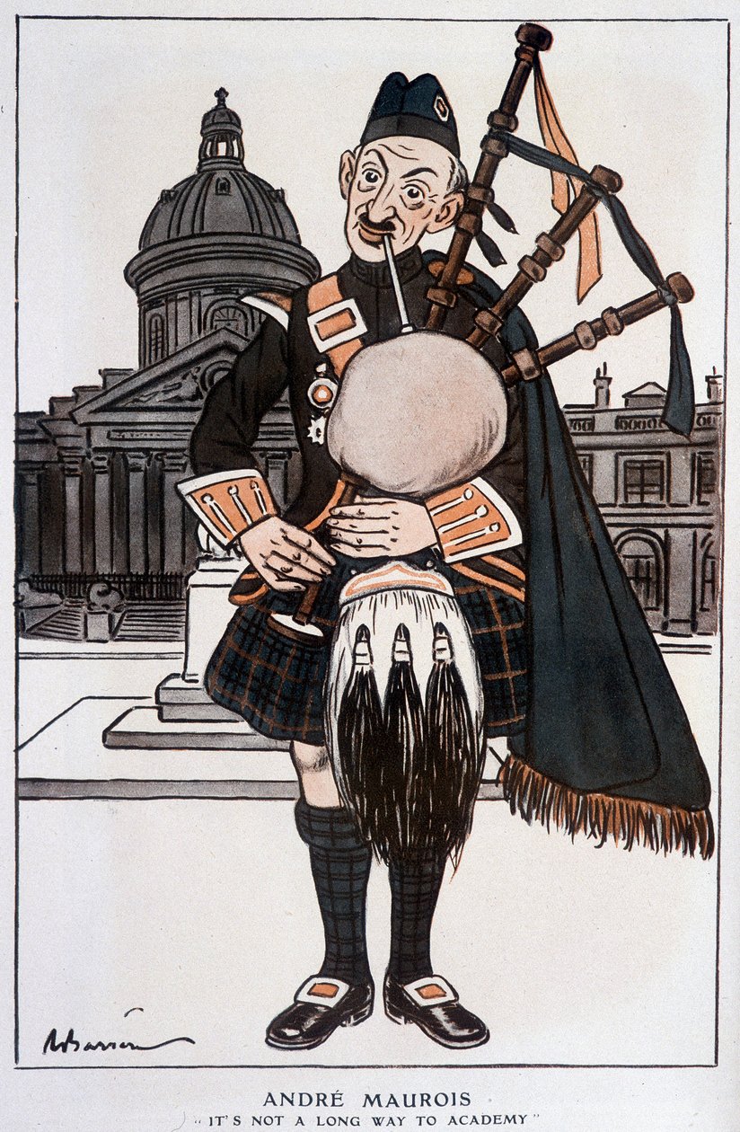 Tecknad film i Academician av André Maurois (pseudonym för Emile Herzog), fransk romanförfattare, essäist och historiker (1885-1967) - av Barrère, i "" Fantasio""" av 1929-04-15 av Adrien Barrere