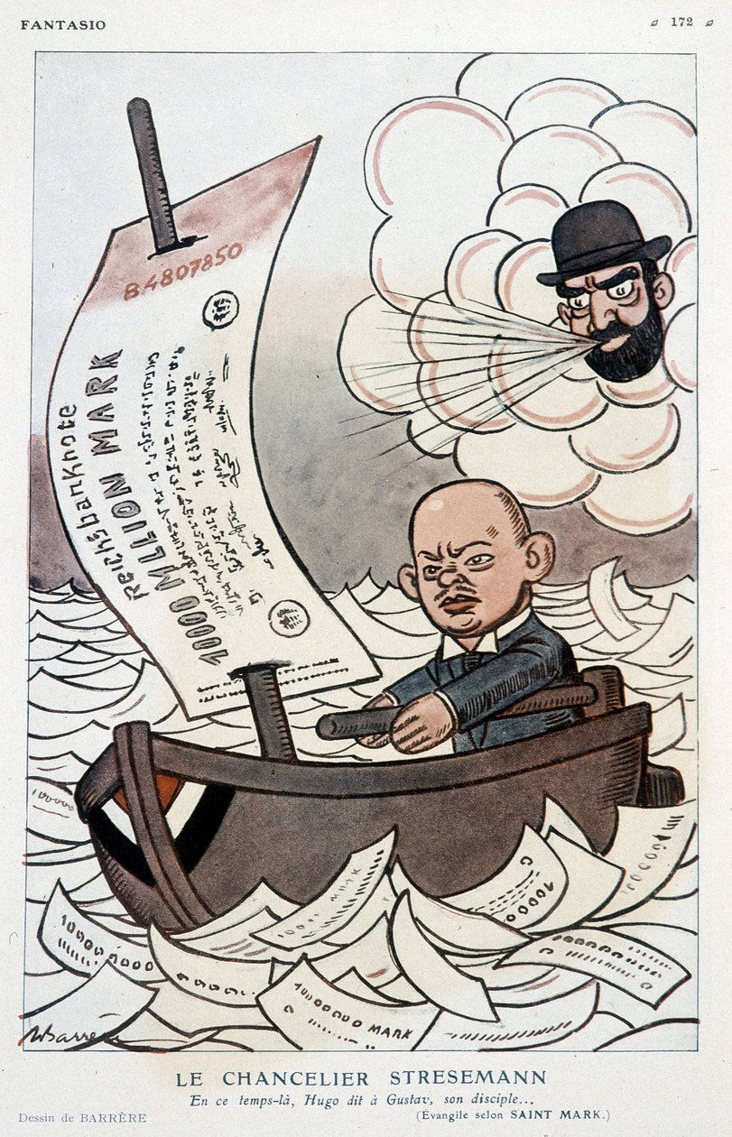Tecknad film om den tyske förbundskanslern Gustav Stresemann (1878-1929) och märkets devalvering - Illustration av Adrien Barrere (1877-1931) i "" Fantasio""" av 1923-11-01 av Adrien Barrere