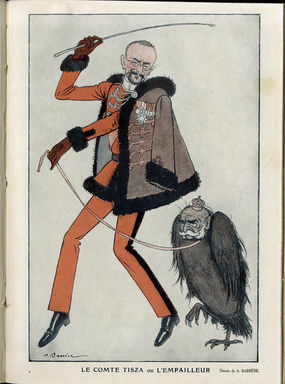 Illustration av A Barrere (1874-1931) i "" Fantasio"", 01/04/15 - Greve Tisza or the Stuffer - War of 14 -18, Österrike, Ungern - Eagle, Francois-Joseph 1st of Austria, Tisza Istvan - Animation av Adrien Barrere