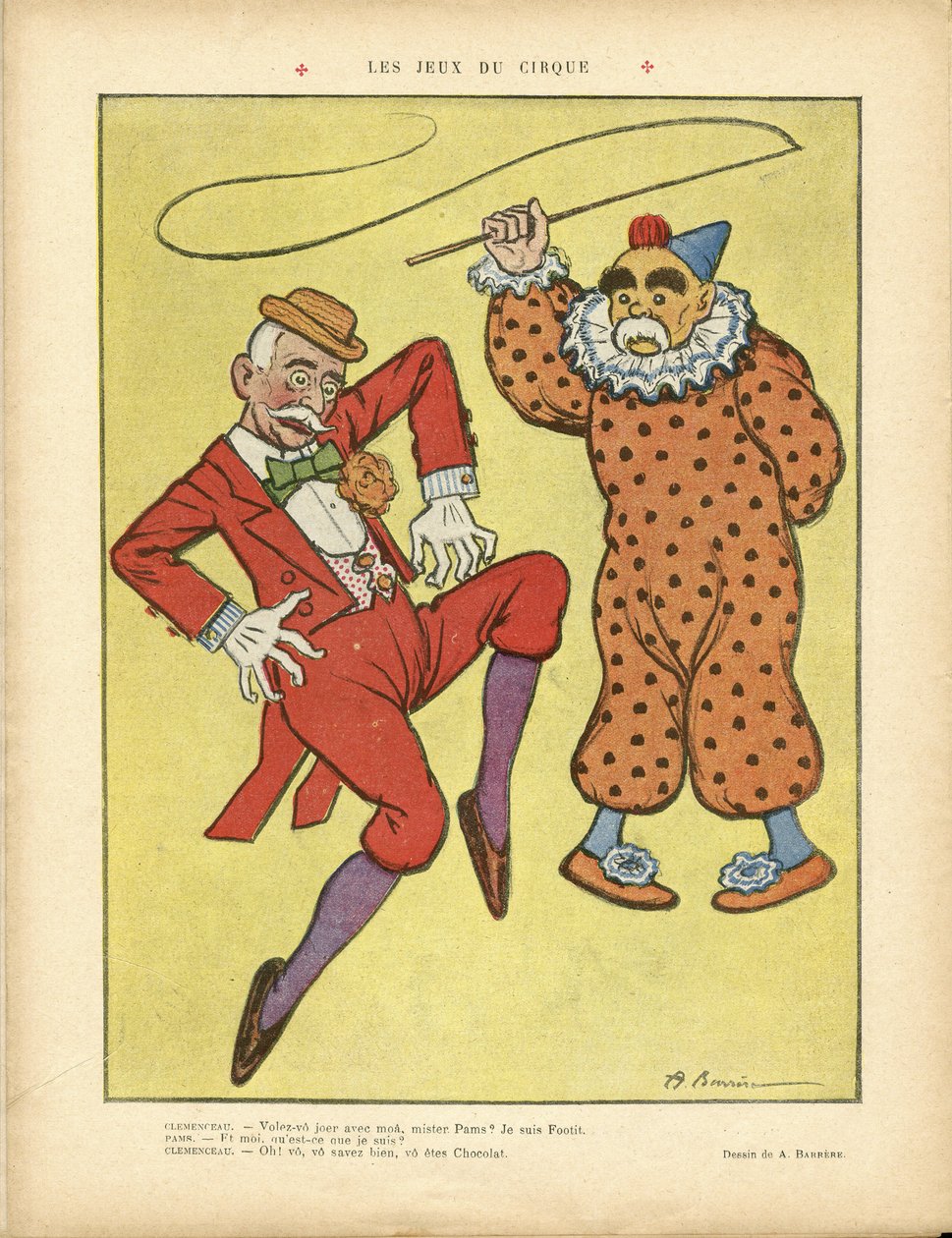 Illustration av A Barrere (1874-1931) i Le Rire, 22/02/13 - Cirkusspel - Clemenceau George, Pams Jules (1852-1930), Cirkus, Karneval/Spel/Cirkus av Adrien Barrere