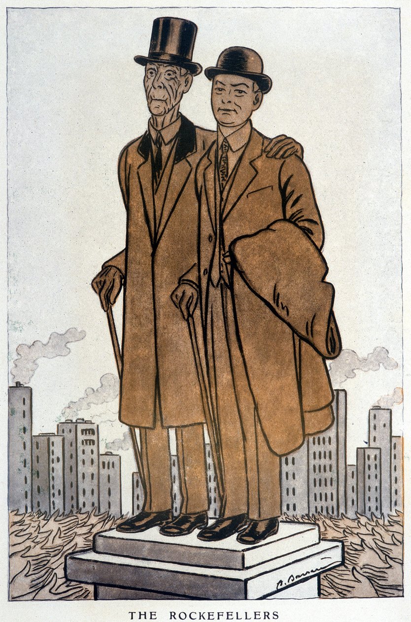 Les Rockefellers, senior och junior, amerikansk cresus - Illustration av Adrien Barrere (1877-1931) i "" Fantasio"" från 1930-03-01 av Adrien Barrere