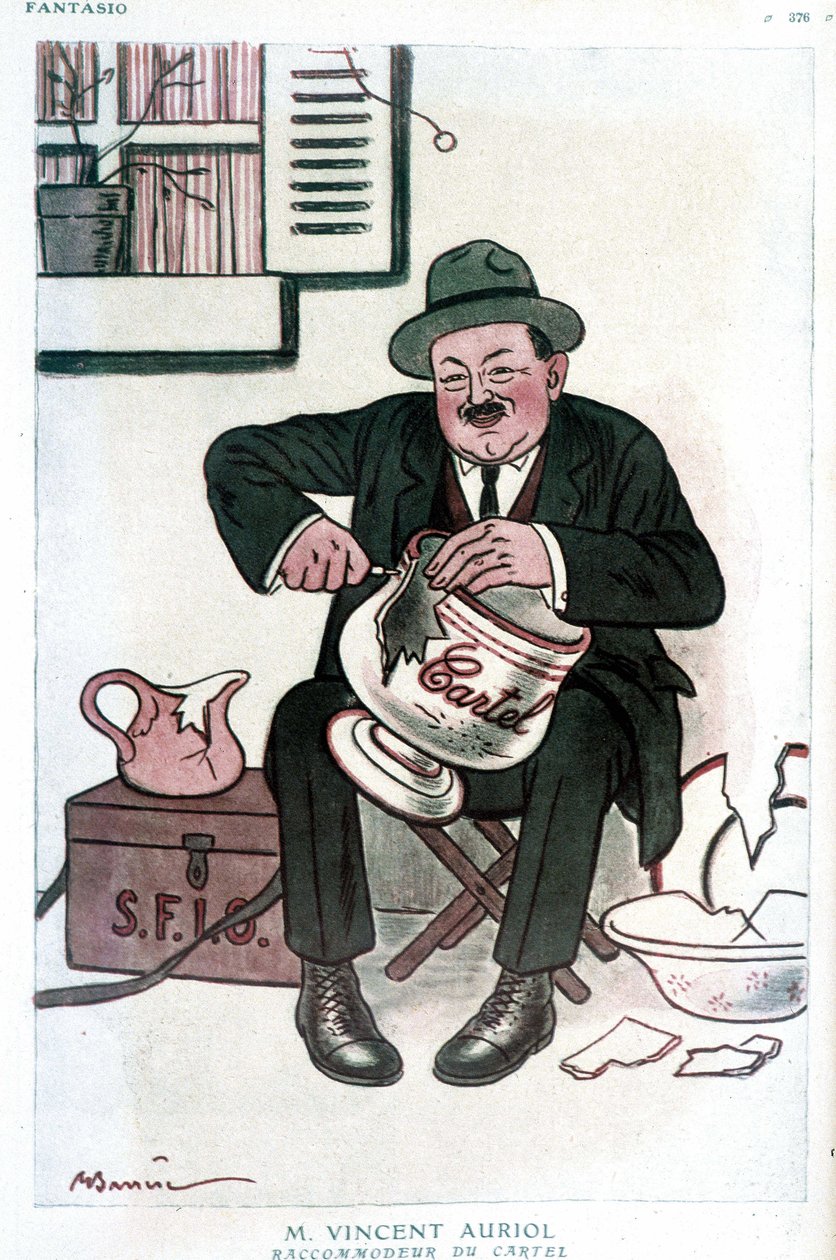 Mr. Vincent Auriol, Cartel Raccommodeur: humoristisk teckning på Vincent Auriol (1884-1938), på SFIO (S.F.I.O) och Cartel des gauche. Teckning av A. Barrere - i "" Fantasio""" av 1929-02-15. av Adrien Barrere