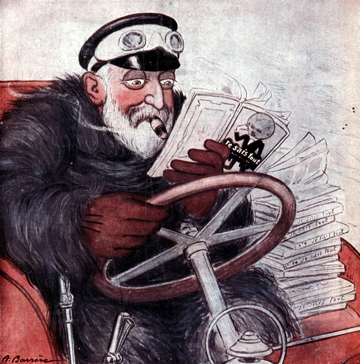 Porträtt av kung Edward VII av England (1841 - 1910) som kör sin bil. Teckning av A. Barrère. "Jag vet allt." av Adrien Barrere