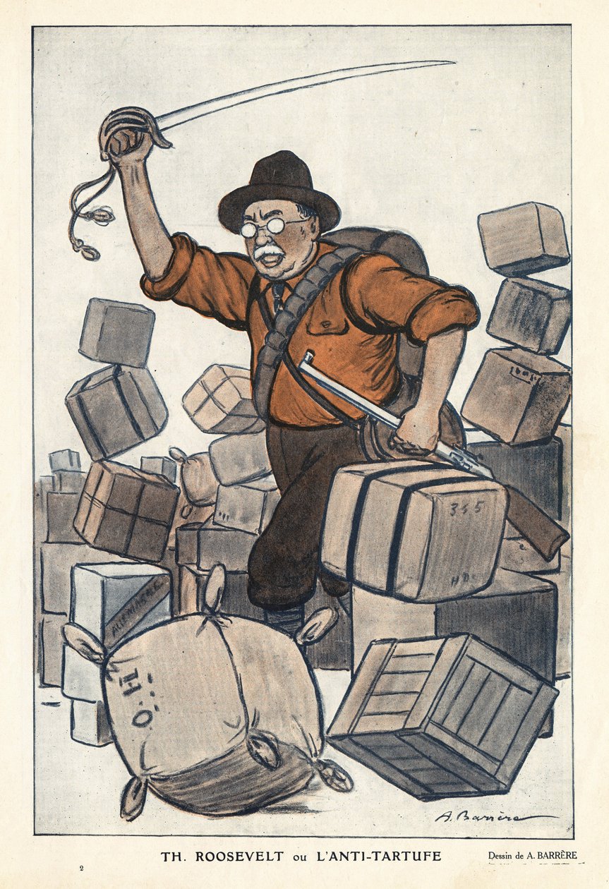 Porträtt av Theodore ROOSEVELT (1858-1919) eller anti Tartufe (Tartuffe) i "" Fantasio""" från 1913-02-01 - Illustration av Adrien Barrere (1877-1931) av Adrien Barrere