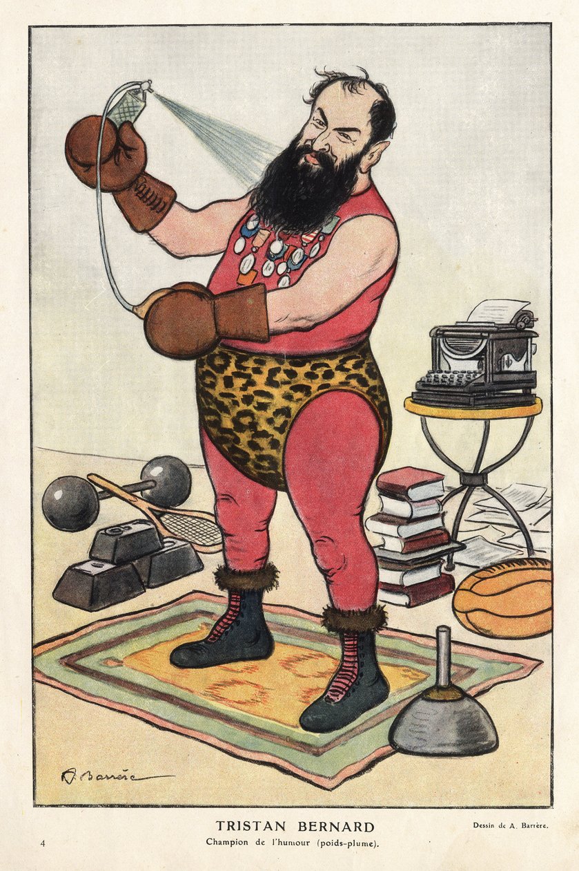 Porträtt av Tristan Bernard (1866-1947), fransk författare, tecknad serie av Barrere i "Fantasio"" i april 1915. av Adrien Barrere