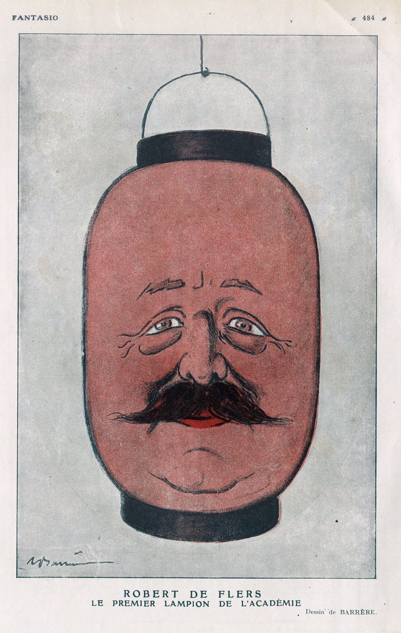 Robert Pelleve de La Motte-Ango (Motte Ango), Marquis de Flers, fransk dramatiker (1872-1927). (Akademins första lykta). Tecknad av Barrere i "" Fantasio"" från juni 1921. av Adrien Barrere