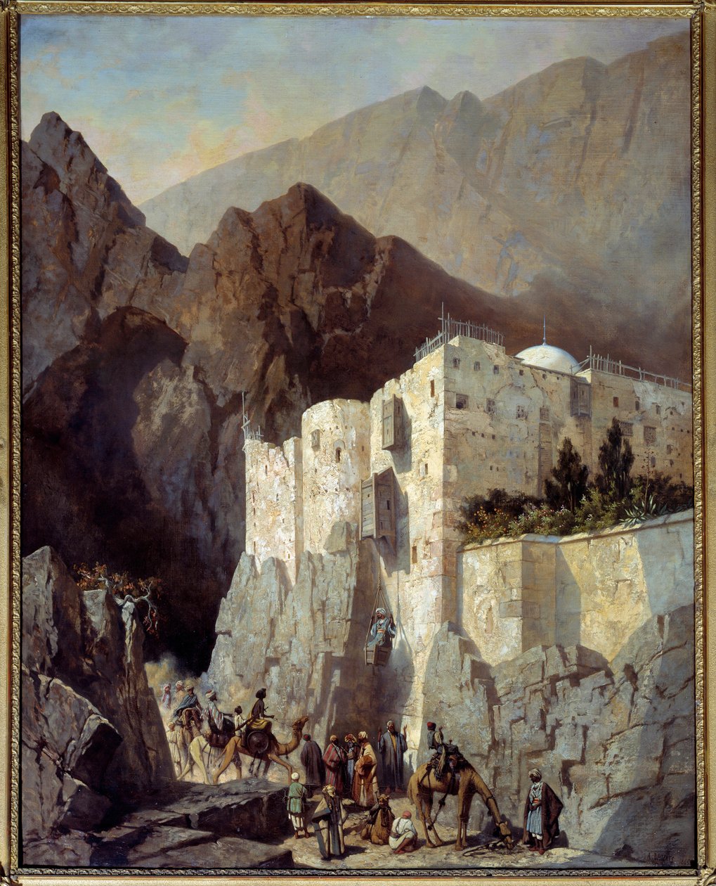 Utsikt över klostret Saint Catherine vid berget Sinai Målning av Adrien Dauzats (1804-1868) 1845 Sön. 1,3x1,04 m av Adrien Dauzats