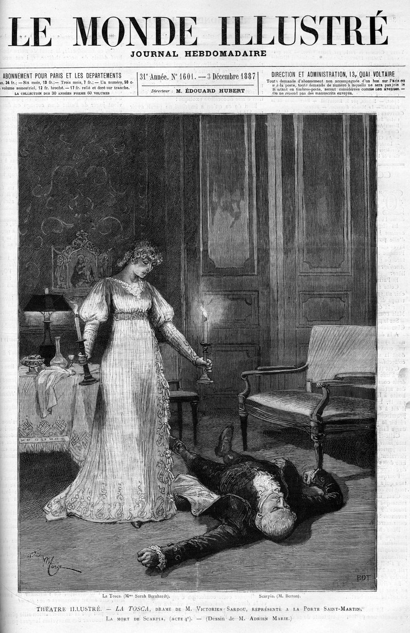The Death of Scarpia (Monsier Berton), illustration av akt 4 av "Tosca" med Sarah Bernhardt som La Tosca, omslag till "Le monde Illustre" av Adrien Emmanuel (after) Marie