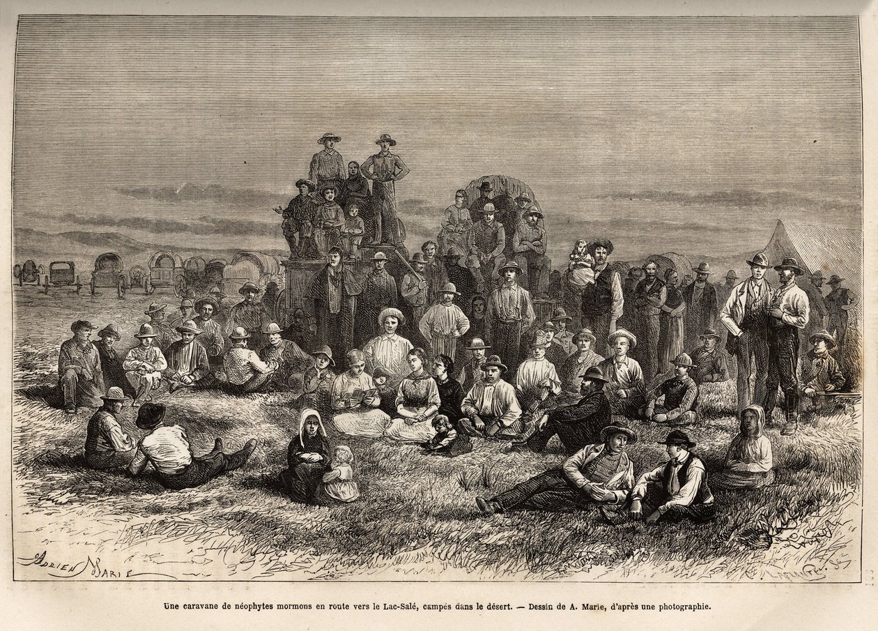 En karavan av mormoner på väg till Lake Sale, i sitt läger i öknen, graverad efter A.Maries teckning, som illustrerar resan från Washington till San Francisco 1868, av L. Simonin, publicerad i "" Le tour du monde" ”” 1874, redigerad av Edouard av Adrien Emmanuel Marie