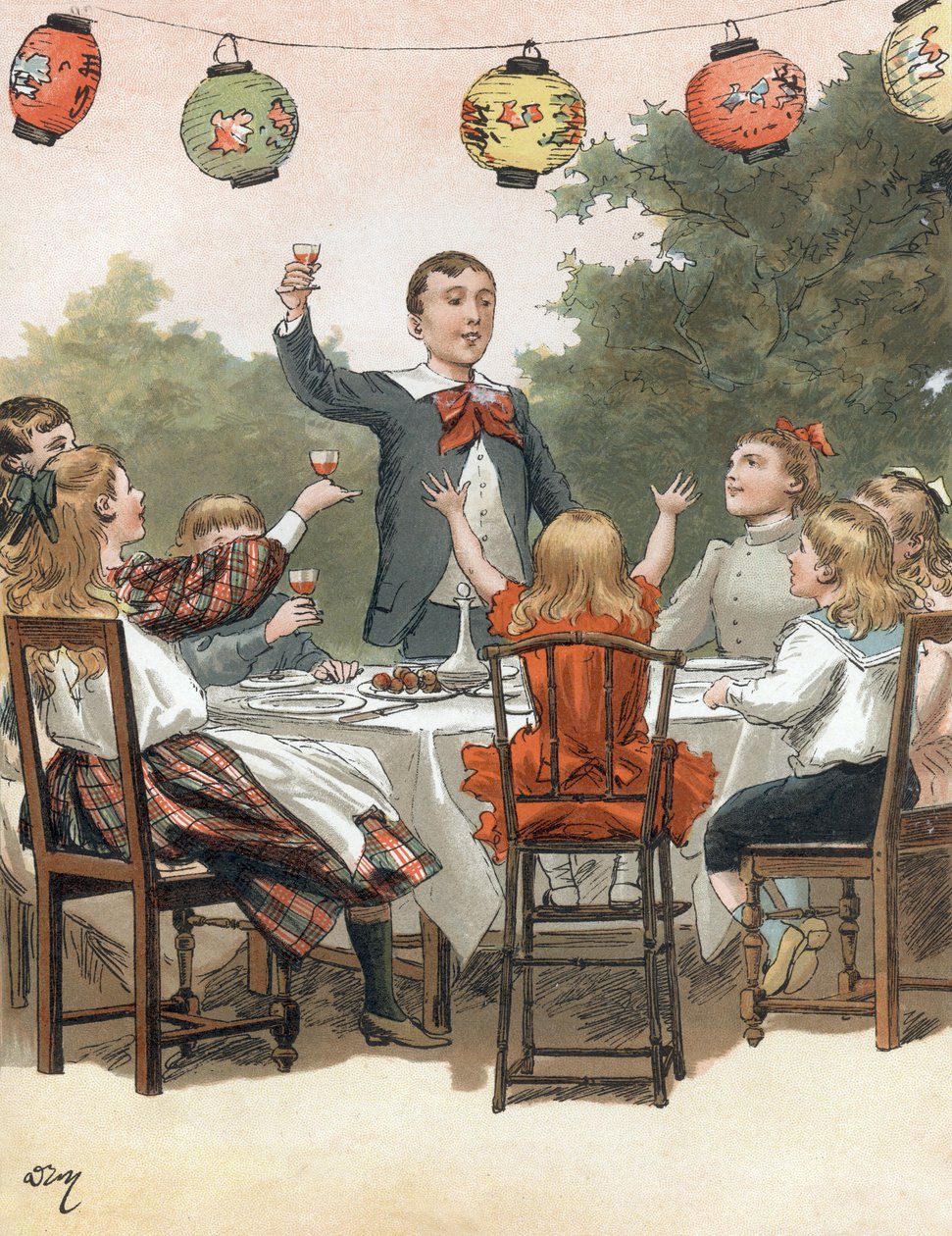 En ung pojke håller ett tal, barn klirrande glas, illustration av Adrien Marie i boken Tout a la joie av Zari, Emile Guerin publikation 1890 av Adrien Emmanuel Marie