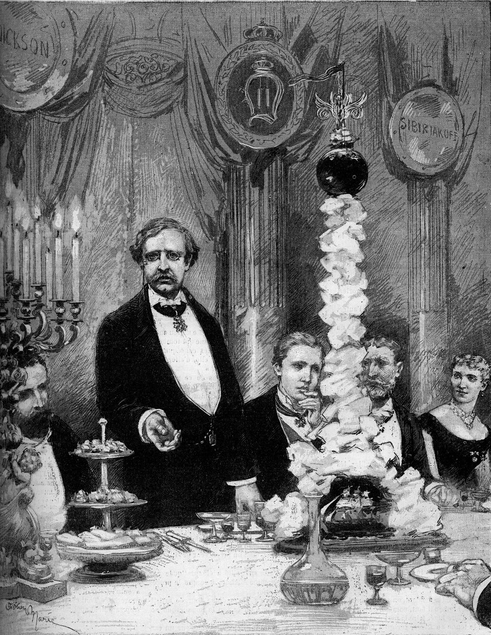 Bankett ges av den skandinaviska kolonin Paris för att hedra upptäcktsresanden Nils Adolf Erik (Eric) Baron Nordenskjold (Nordenskiold) (1832-1901) på Hotel Continental. Presenter är: Greve Kapnitz, Professor Nordenskjold, Prins Oscar av Sverige (1859-1953 av Adrien Emmanuel Marie