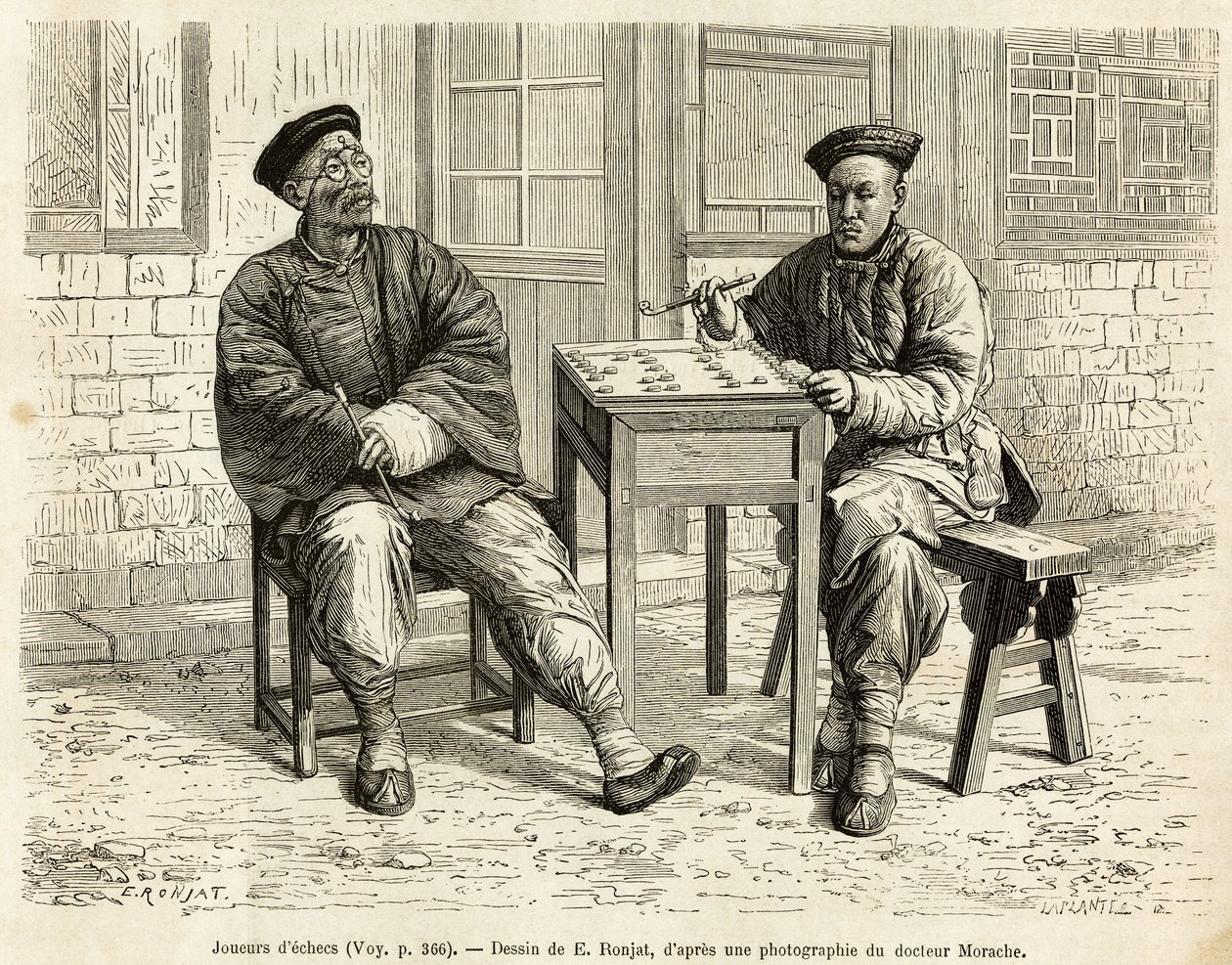 Schackspelare. Gravyr efter A.Maries teckning, för att illustrera resan till Pekin och norra Kina, av T.Choutze, 1873, publicerad i "" Le tour du monde""" 1876, redigerad av Edouard Charton, upplaga Hachette, Paris. Selva samling. av Adrien Emmanuel Marie