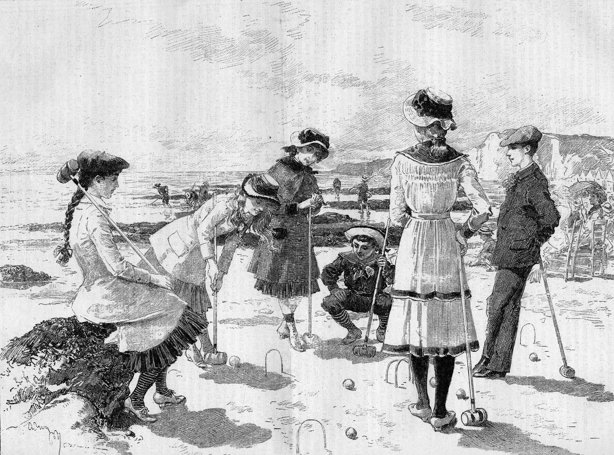 Barn som spelar krocket på stranden. Gravyr av Adrien Marie i "" Le Monde Illustré"" nr 1277 av 17 september 1881. av Adrien Emmanuel Marie