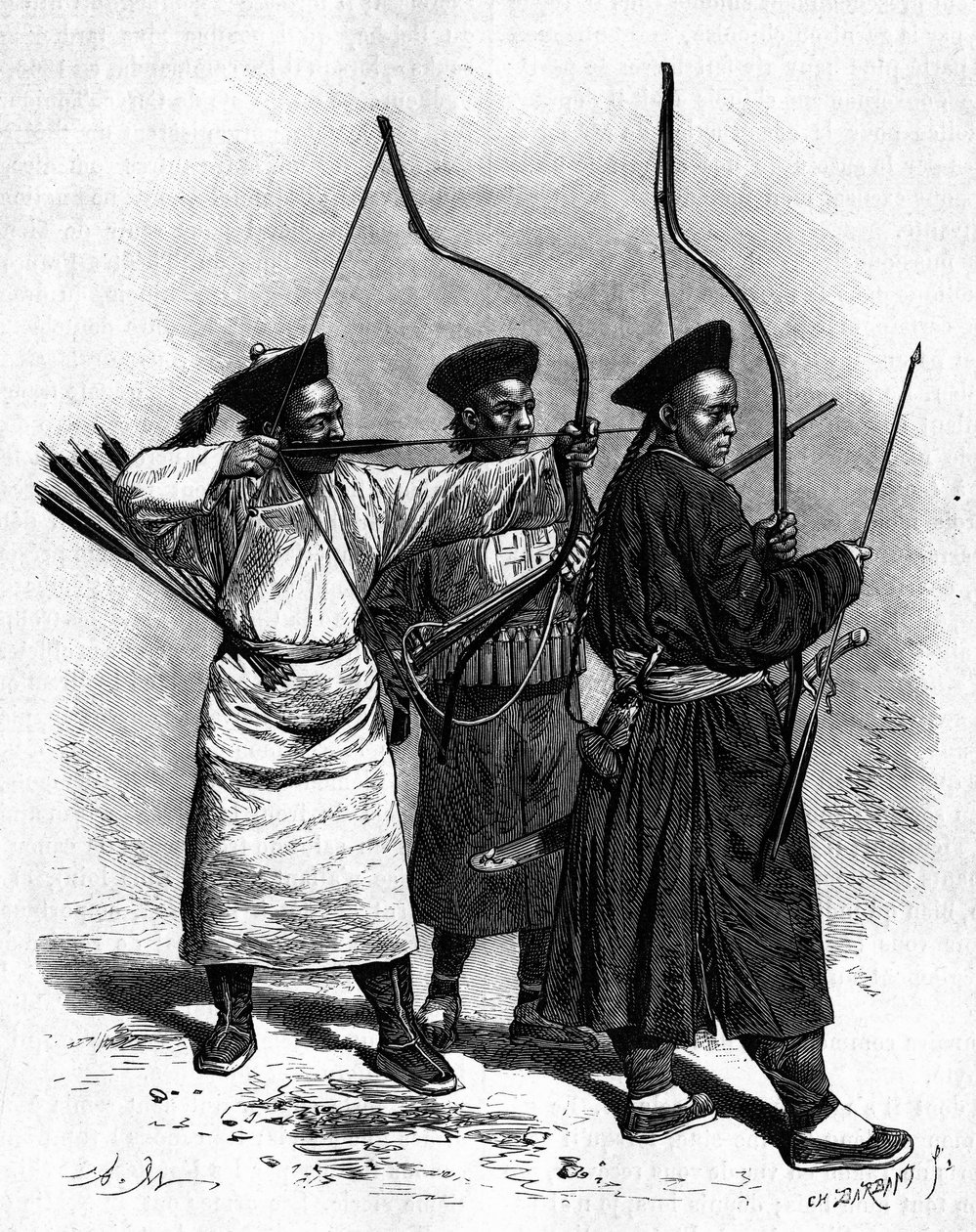 Porträtt av tre kinesiska bågskyttar i traditionell kostym, på 1870-talet. Gravyr från en teckning av Marie, från ett fotografi av Thomson, i "" Le Tour du Monde, Nouveau journal des Voyages", redigerad av Edouard Charton, Paris av Adrien Emmanuel Marie