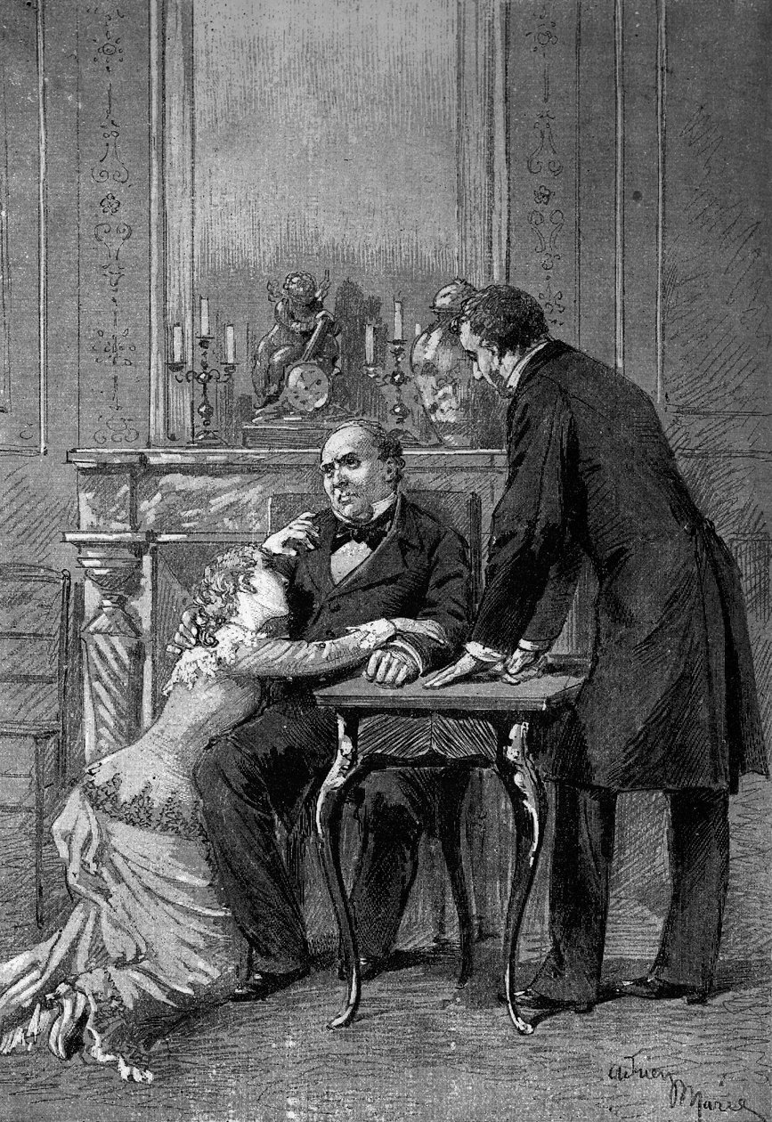 Teaterföreställning: 1:a akten av ""Jean Baudry"" av Auguste Vacquerie (1819-1895) med Miss Bertet (Andree), Mr. Barre (Bruel), Edmond Got (1822-1901) (Jean Beaudry). Paris, Comedie Francaise av Adrien Emmanuel Marie