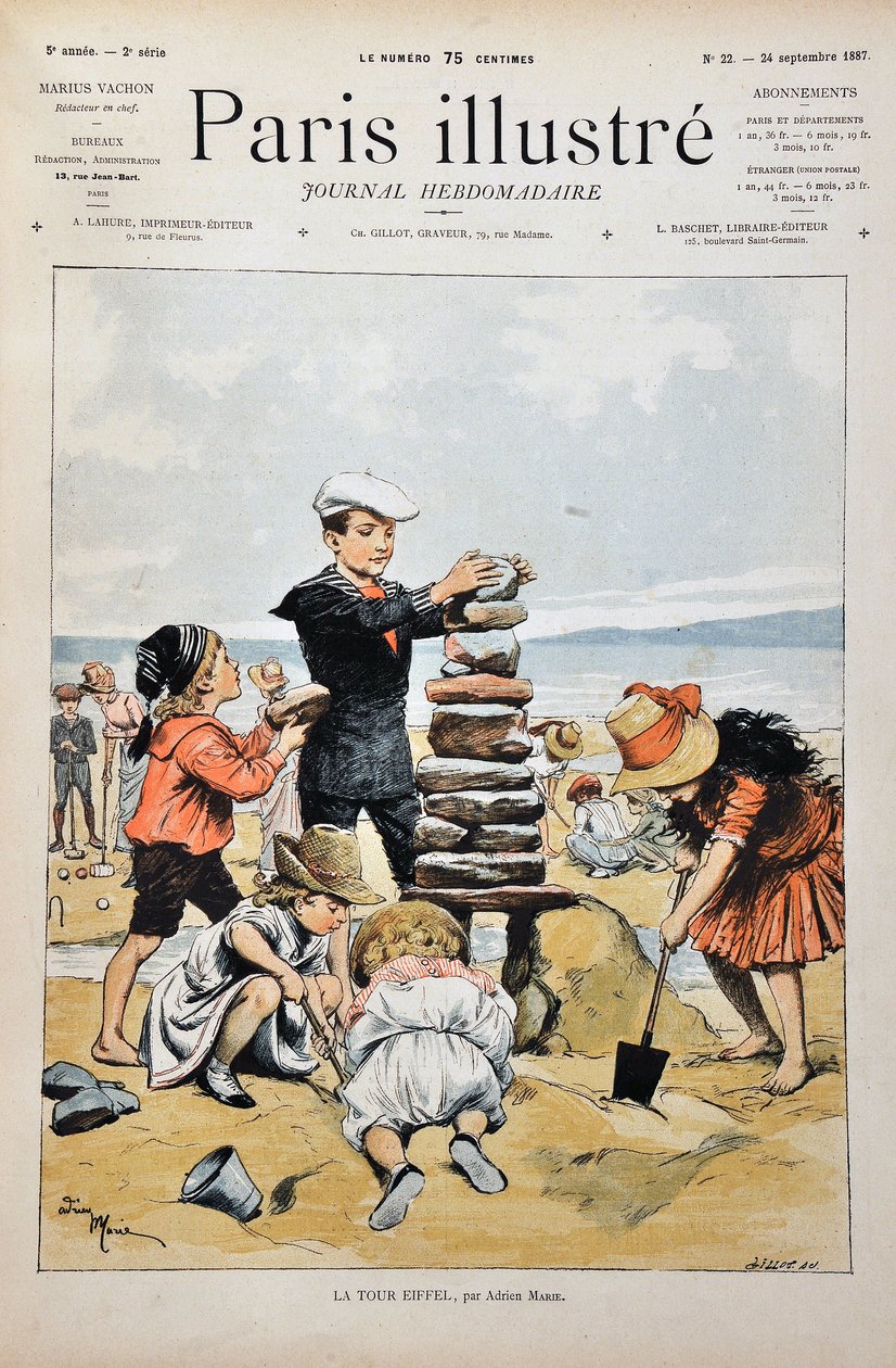 Eiffeltornet En grupp barn som leker på en strand och förverkligar en kopia av Eiffeltornet med stenar och sand. illustration av Adrien Marie (1848-1891). Gravyr från 1887 i "" Paris-Illustrous journal weekly"". av Adrien Emmanuel Marie