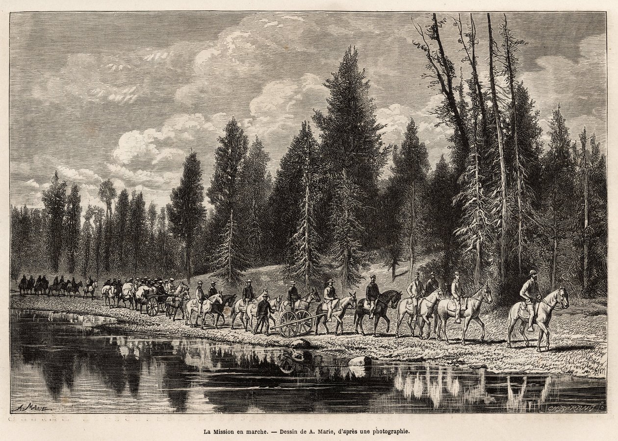 Hela det geografiska uppdraget, på väg till Mount Hayden, längs Henri River, graverat efter A.Maries teckning, som illustrerar en uppsättning geografiska uppdrag genom USA:s nationalpark, från 1870 till 1872, av herrarna Hayden, Doane och Langford, pu av Adrien Emmanuel Marie