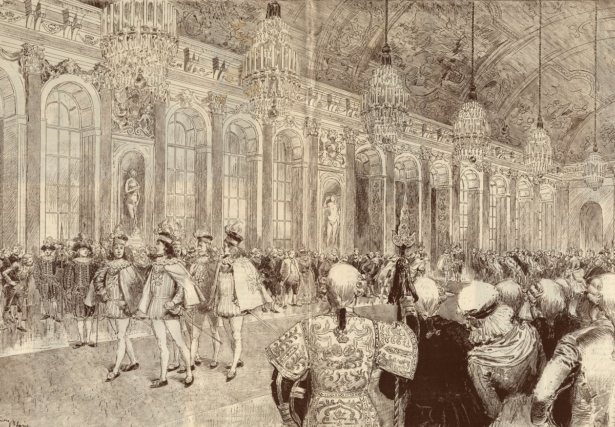 Processionen av riddarna av den Helige Andeorden (Helig Ande) i Versailles slotts isgalleri på pingstdagen 1789. Teckning av Adrien Marie från 1889. av Adrien Emmanuel Marie