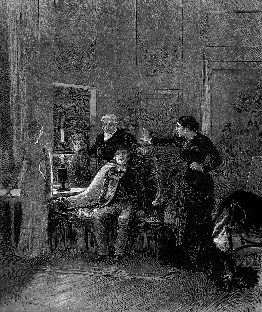 Teaterrepresentation: 5:e akten av "Jack" av Alphonse Daudet (1840-1897) och H. Lafontaine med Miss Sisos (Cecile), M. Porel (Dr. Rivals), M. Chelles (Jack), Miss Montaland (Ida de Barancy) ). Paris, teater de l