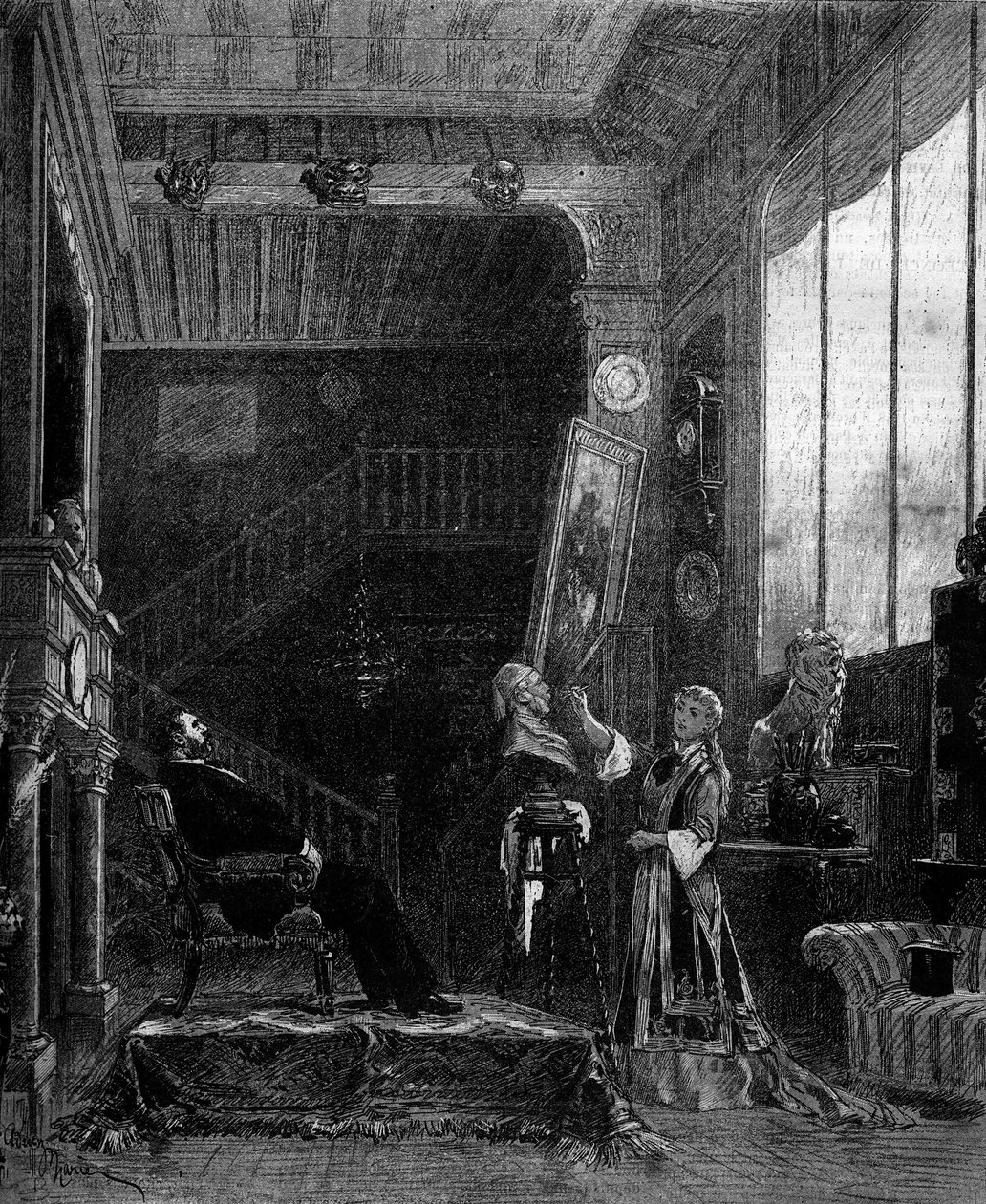 Teaterrepresentation: "" Le nabab"" av Alphonse Daudet (1840-1897) och Pierre Elzear med Blanche Pierson (1842-1919) (Felicia Ruys) och Adolphe Dupuis (1824-1891) (Jansoulet). Paris, Theatre du Vaudeville av Adrien Emmanuel Marie