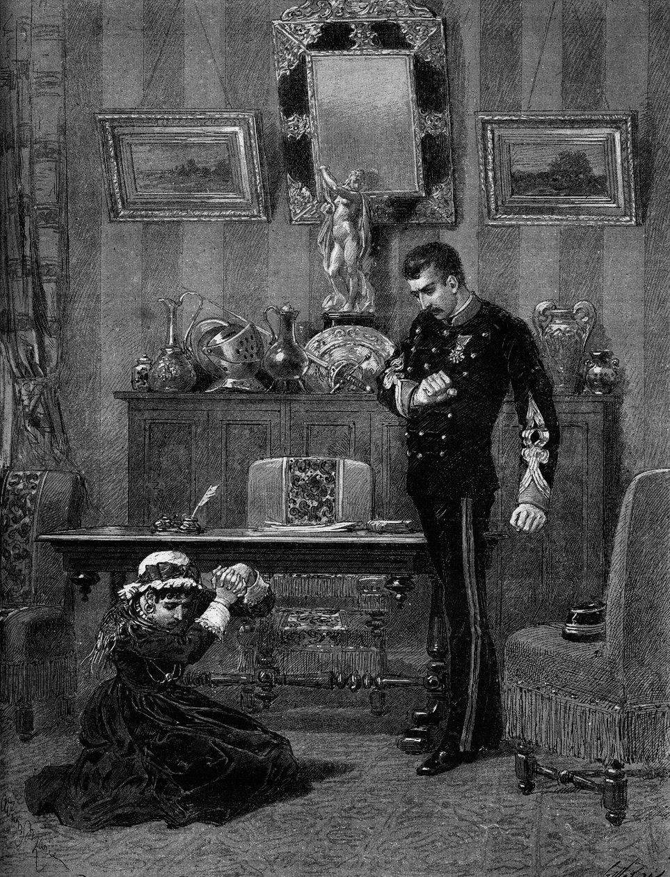 Teaterrepresentation: "The son of Coralie"" av Albert Delpit (1849-1893) med Aimee Jeanne Tessandier (1851-1923) (Coralie) och Lucien Guitry (1860-1925) (Daniel). Paris, Gymnasiumteatern av Adrien Emmanuel Marie
