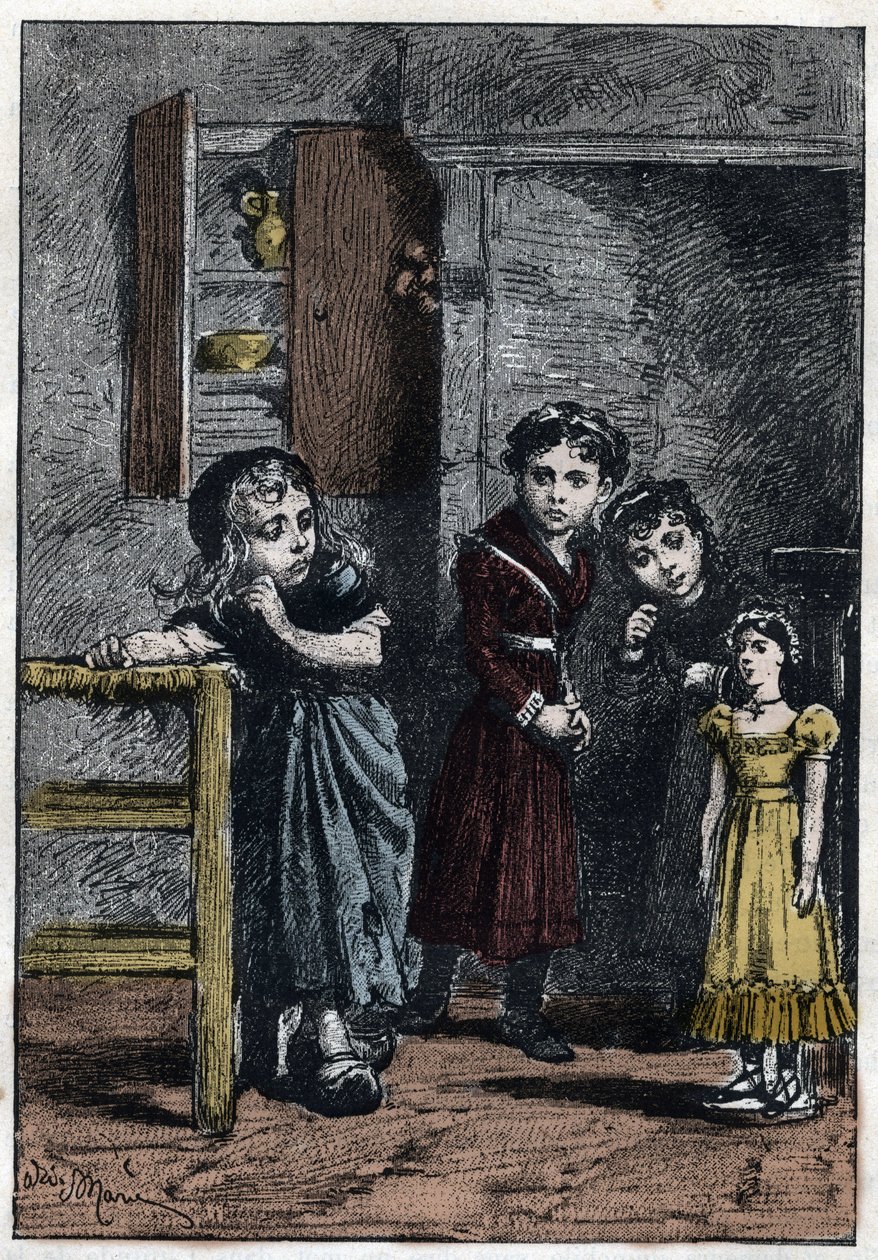 Thenardiers två döttrar, Eponine och Azelma, tittar på Cosette som fick dockan Catherine - Illustration av Adrien Marie (1848-1891) för "The miserables - Second part: Cosette" av Victor Hugo (1802-1885) 1862 av Adrien Emmanuel Marie