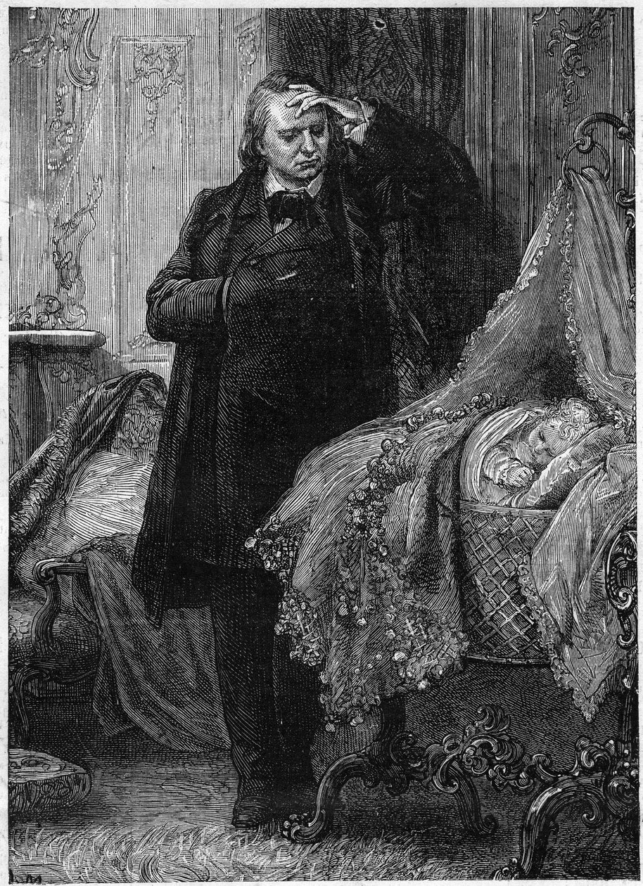 Victor Hugo observerar ett barn som sover i sin spjälsäng. Illustration av "History of a Crime" av Victor Hugo (1802-1885). Illustration av M. A. Marie av Adrien Emmanuel Marie
