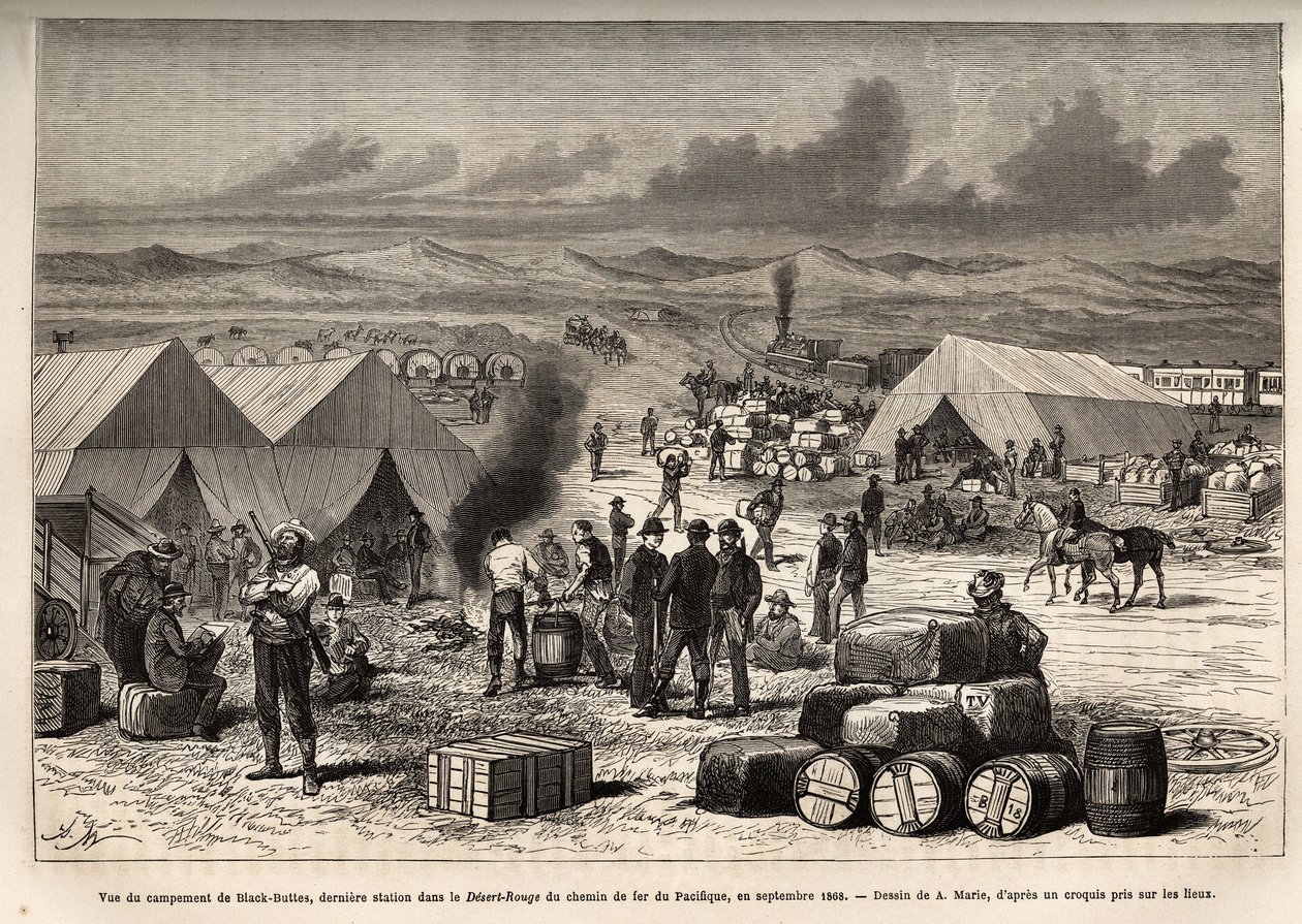Vy över lägret Black Buttes, sista stationen i den röda öknen (Mojaveöknen) av Pacific Railway, i september 1868, gravyr efter teckningen av A.Marie, som illustrerar resan från Washington till San Francisco, 1868, av L. Simonin, publicerad i av Adrien Emmanuel Marie