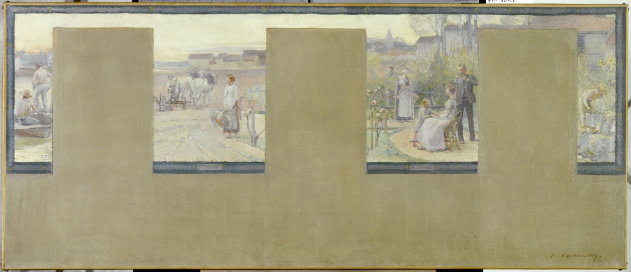 Skiss till stadshuset i Nogent-sur-Marne: Le canotage - le labourage - la villégiature - le jardinage, en 1889 (olja på duk (armure)) av Adrien Karbowsky